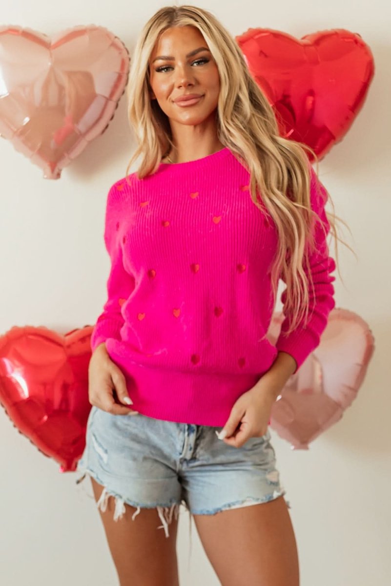 Rose Red Heart Shape Drop Shoulder Round Neck Sweater - Love Salve